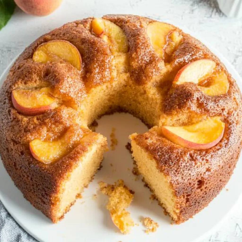 Une part de gâteau surmontée de pêches.