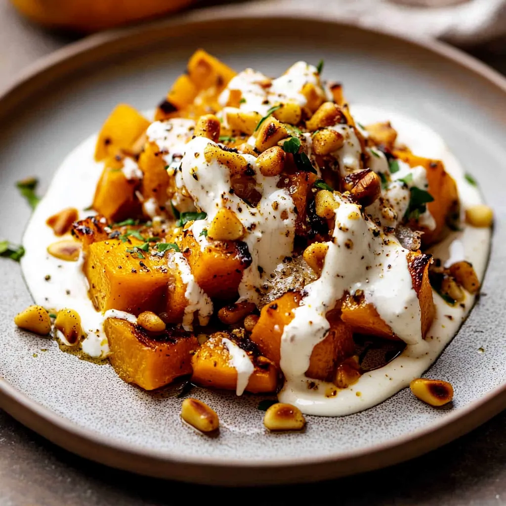 Une assiette garnie de courge cuite et nappée de sauce blanche.