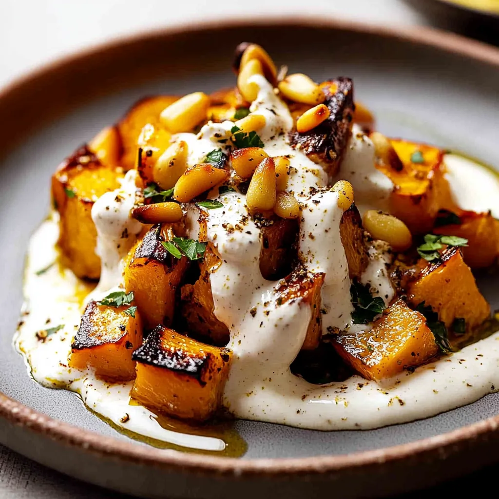 Une assiette garnie de courge cuite et nappée de sauce blanche.