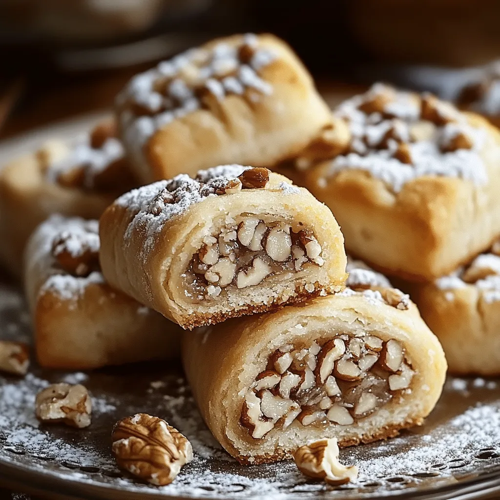 Des biscuits roulés aux noix sur une assiette.