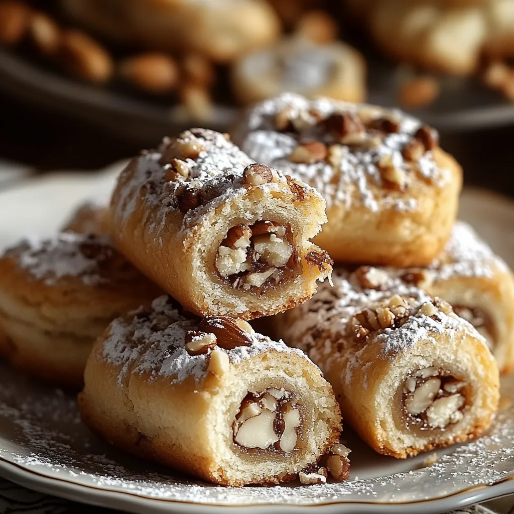 Une assiette de roulés aux noix poudrés de sucre glace.