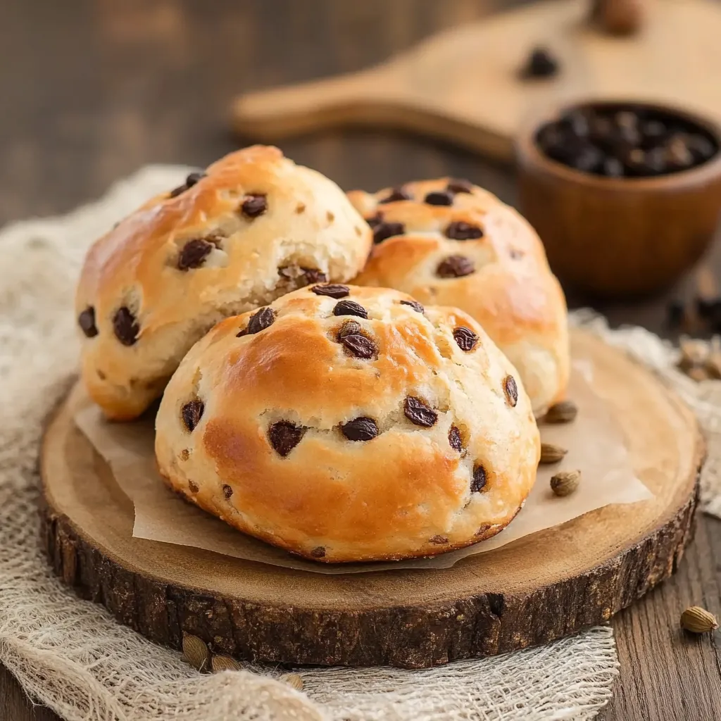 Trois brioches chocolat sur une planche en bois.