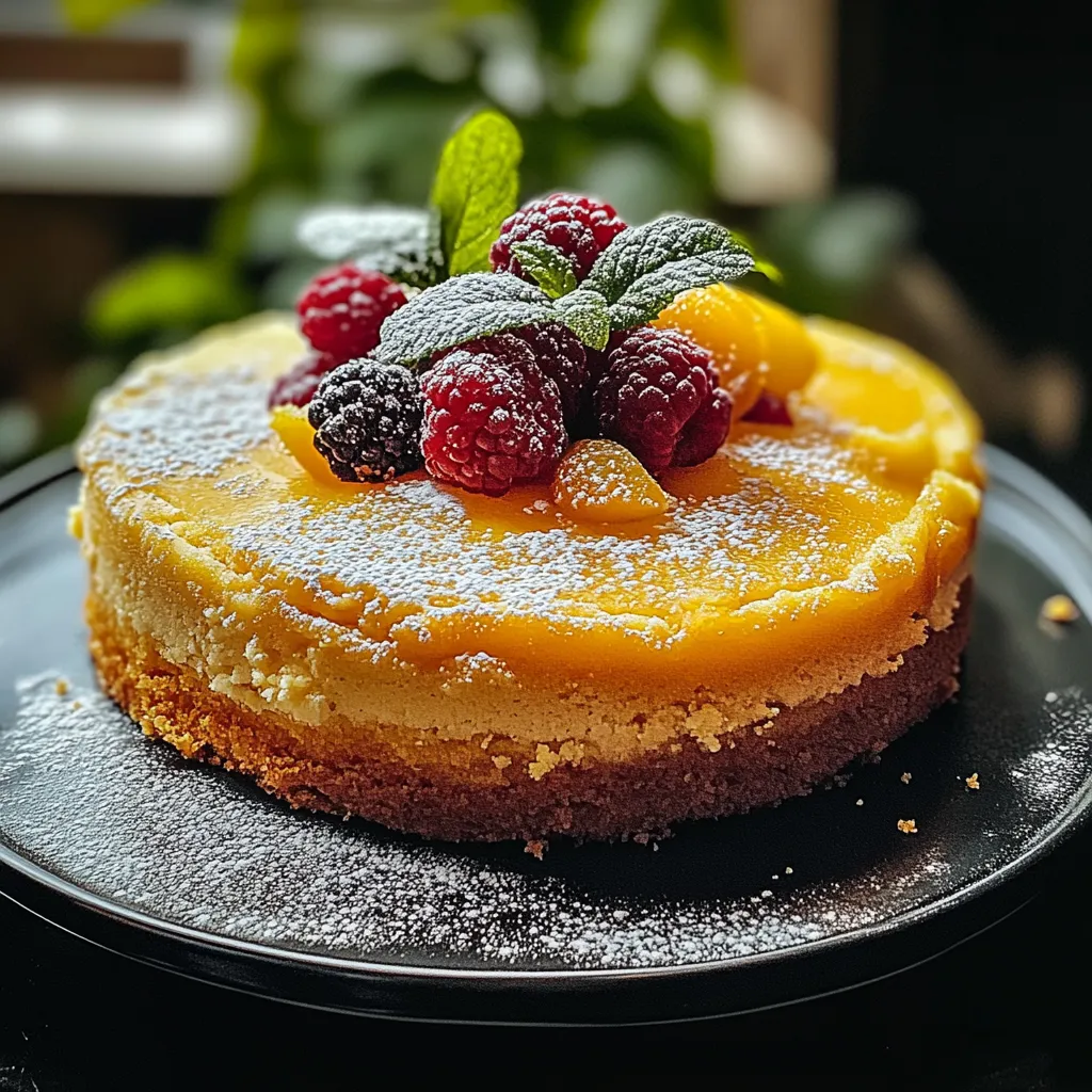Une part de gâteau garnie de framboises et de tranches d’orange.