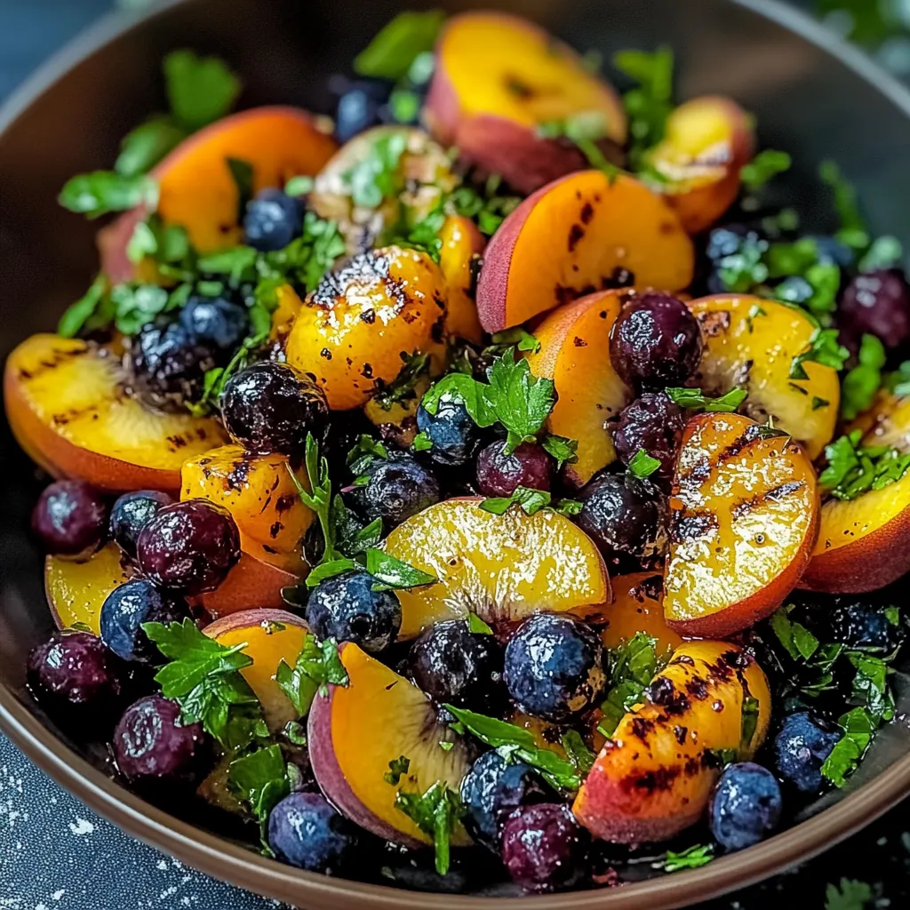 Un bol coloré de fruits avec myrtilles, pêches et pousses vertes.
