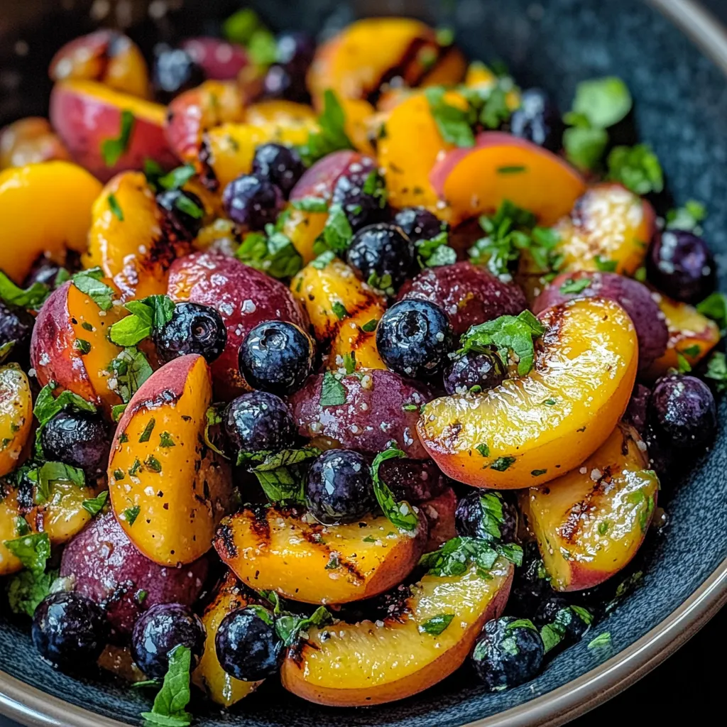 Un saladier de fruits avec myrtilles, pêches et prunes.