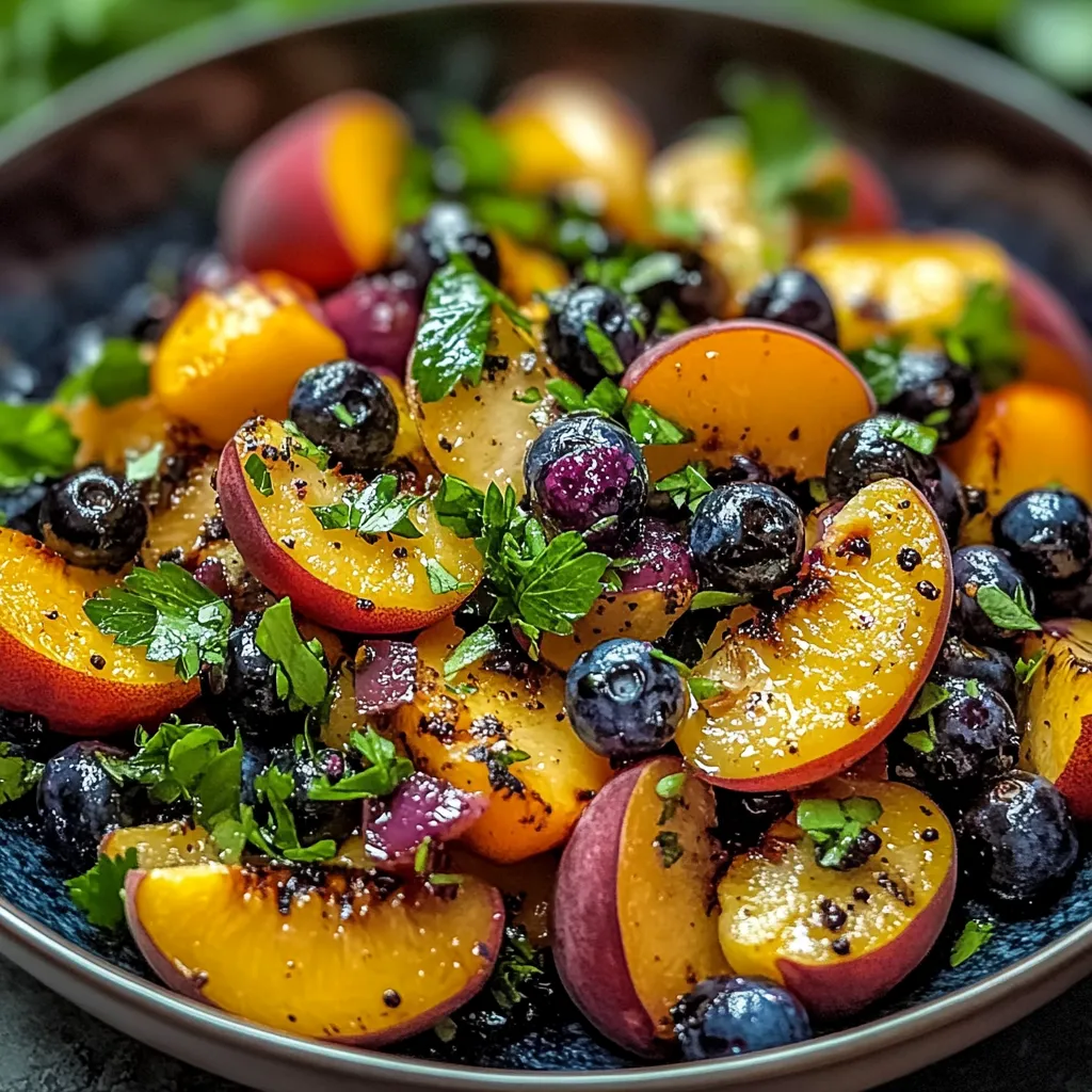 Un saladier de fruits avec myrtilles, pêches et prunes.