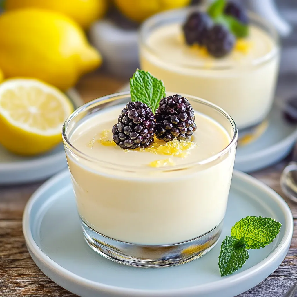 Un verre de yaourt citron avec des mûres au sommet.