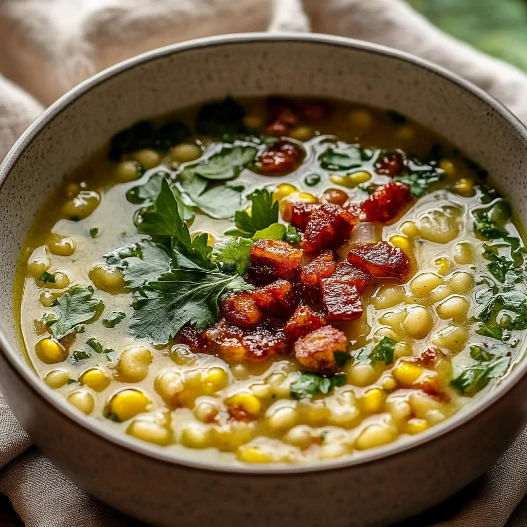 Un bol de soupe avec lardons et maïs.