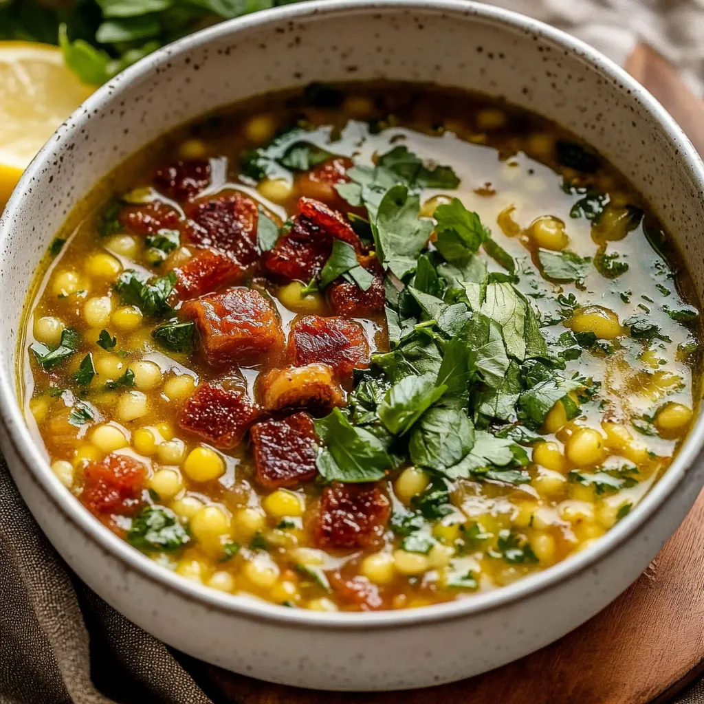 Un bol de soupe avec lardons et légumes verts.