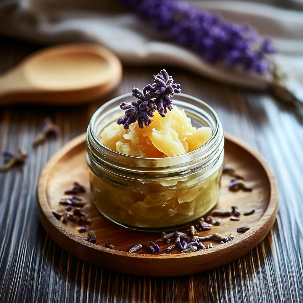 Un bocal d’huile de lavande avec une cuillère.