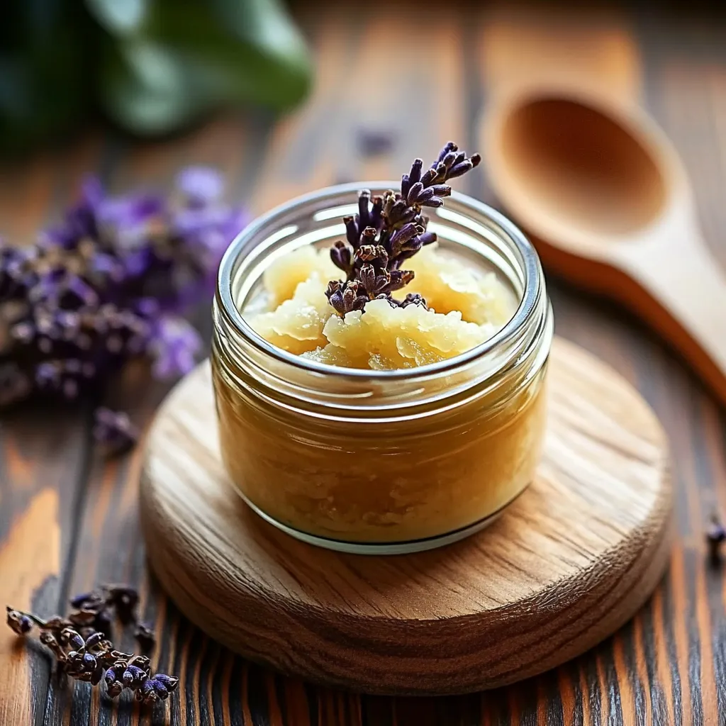 Un pot de miel à la lavande avec une cuillère.