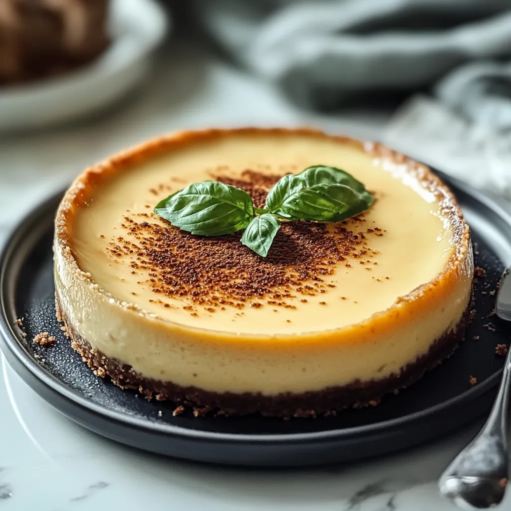 Une part de cheesecake décorée d’une feuille.