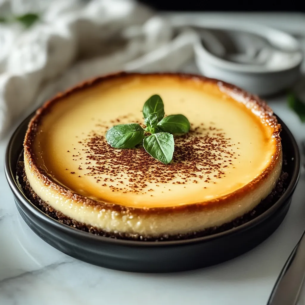 Une part de cheesecake décorée d’une feuille de menthe.