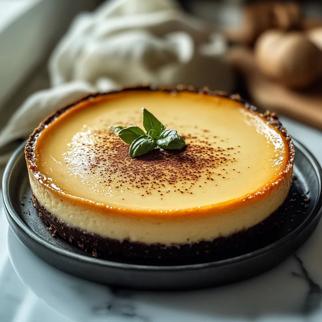 Une tranche de cheesecake avec une feuille verte.