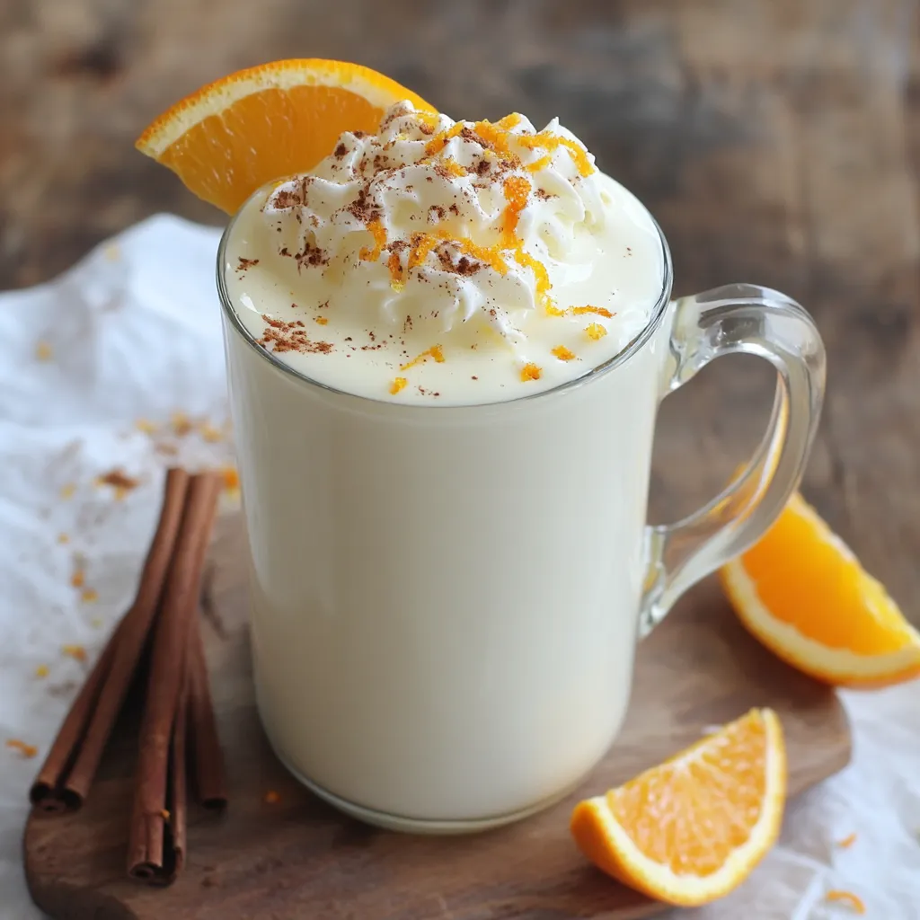 Un verre de lait, tranches d’orange et nuage de chantilly.