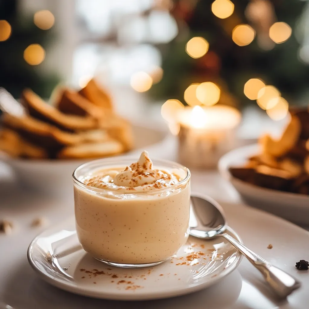 Une tasse de crème saupoudrée de sucre glace sur une assiette.