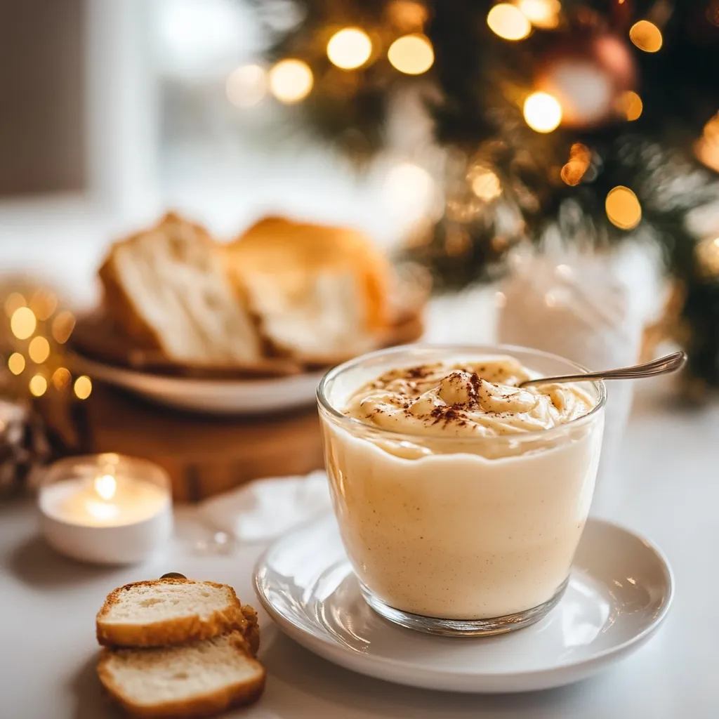 Une tasse de crème et une tranche de pain sur une assiette.