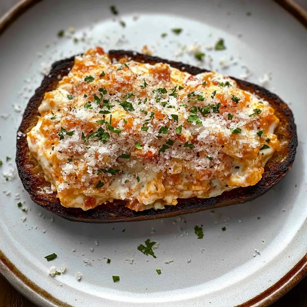 Tranche de pain garnie de fromage, tomate et herbes.