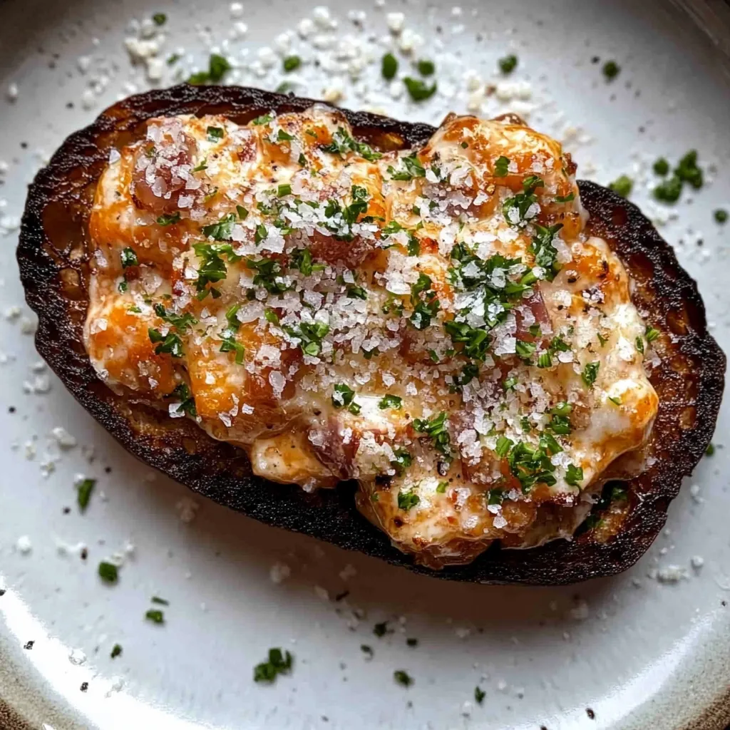 Assiette avec tartine gratinée au fromage.