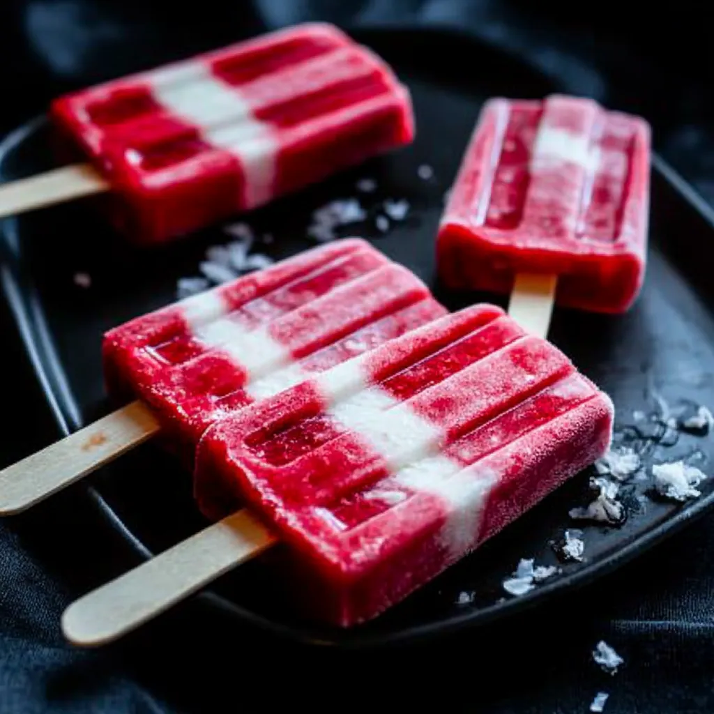 Deux pops rayés fraise et coco sur une assiette.