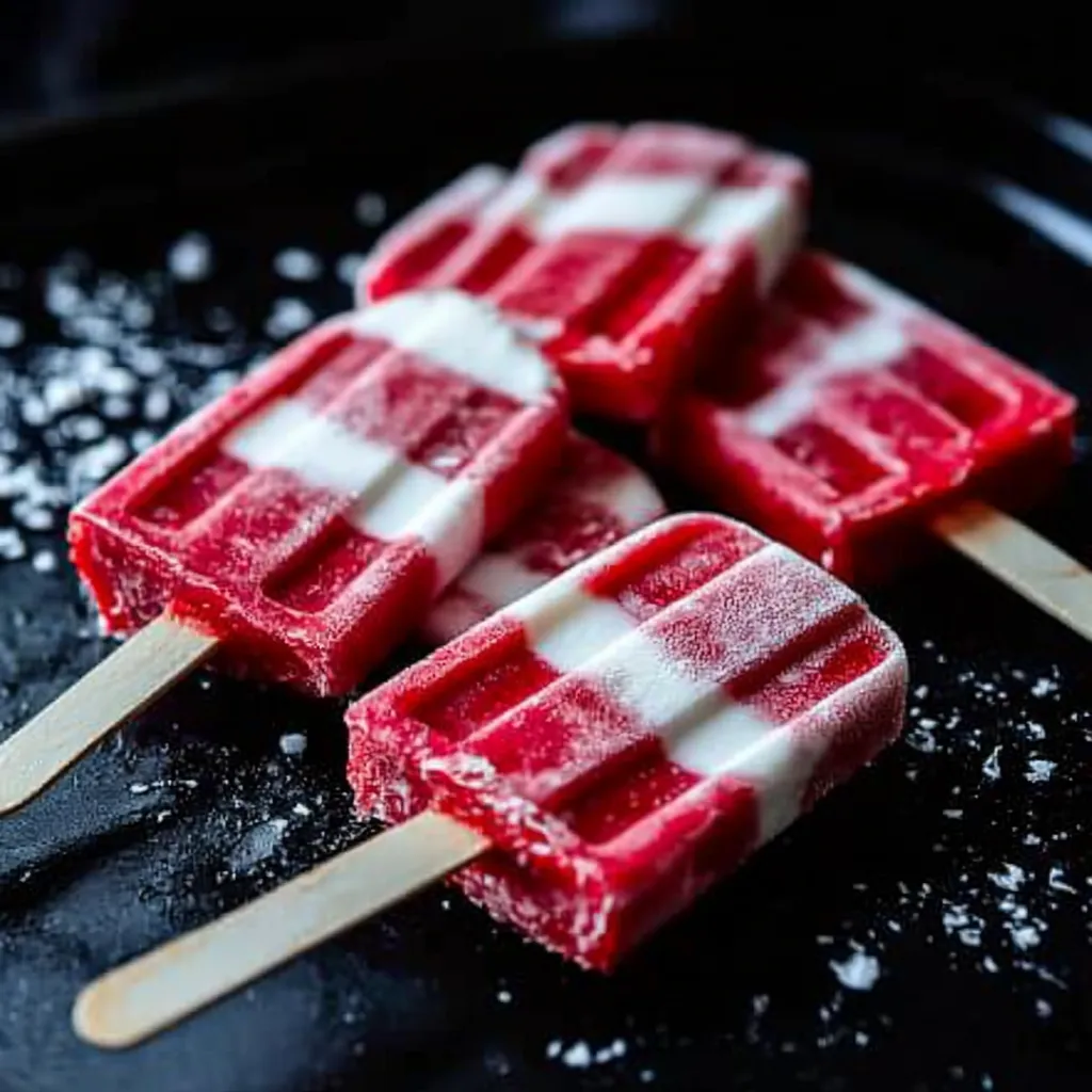 Quatre glaces rayées rouges et blanches sur une assiette noire.