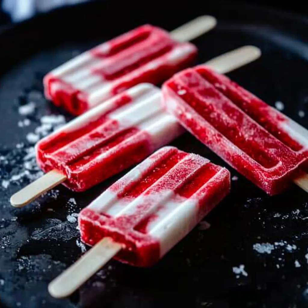 Une assiette de glaces rayées rouges et blanches.