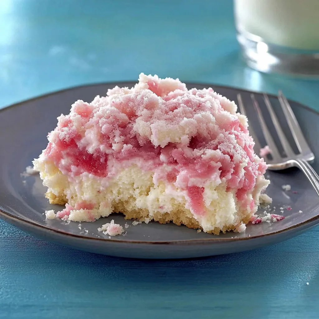 Une part de gâteau nappée de coulis de fraise sur une assiette.