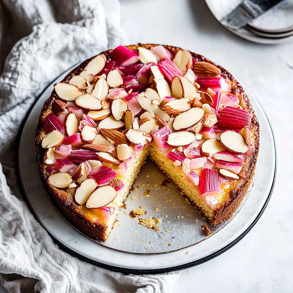 Une part de gâteau coiffée d’amandes et de jolis morceaux de rhubarbe rose.