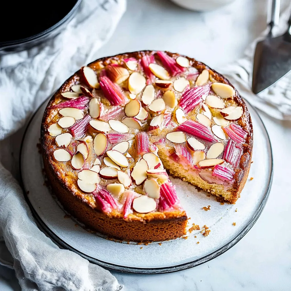 Part de gâteau avec amandes et morceaux de fruit rose sur le dessus.