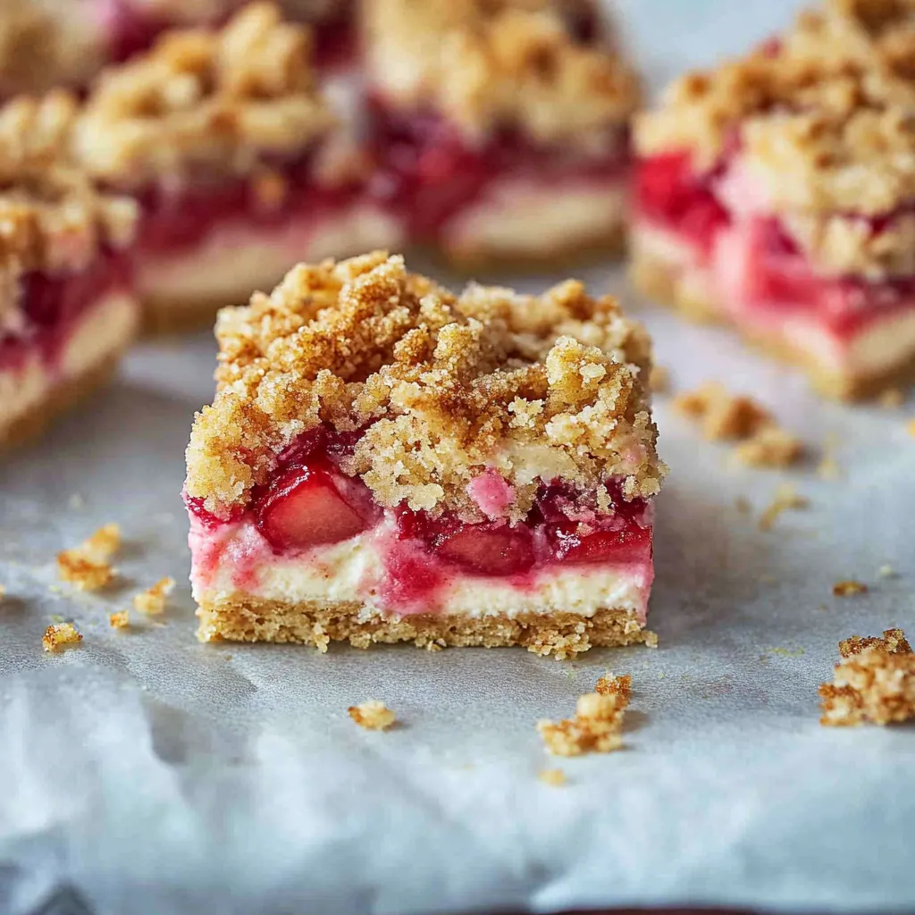 Un carré gourmand fraise-rhubarbe et crumble doré.