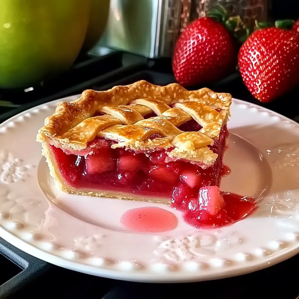 Part de tarte avec fraises et cerises sur une assiette blanche.