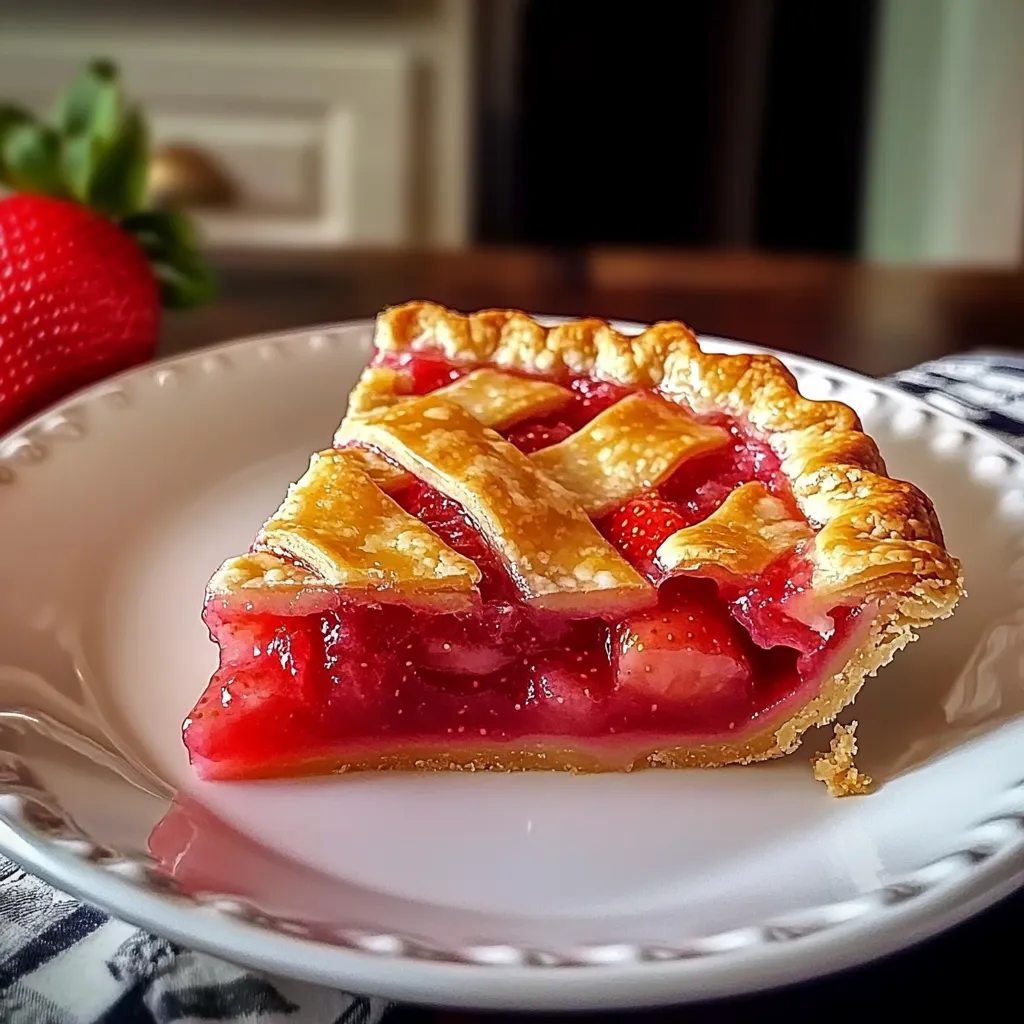 Une part de tarte avec des fraises sur une assiette blanche.