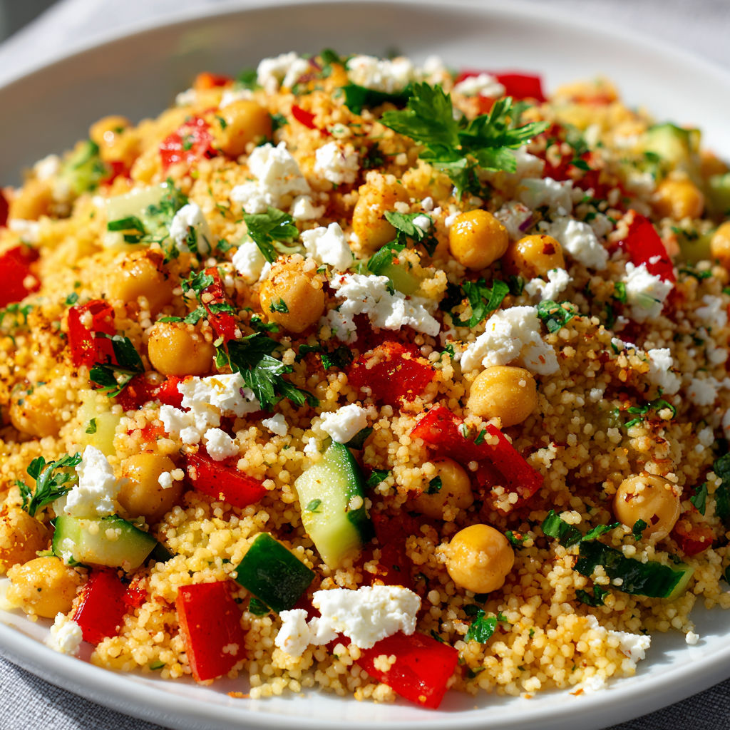 Un bol coloré de couscous, légumes variés et herbes fraîches.