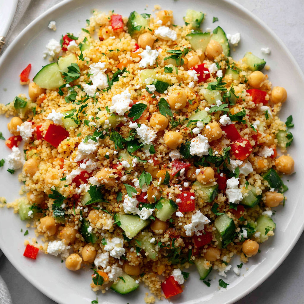 Saladier généreux de couscous agrémenté de légumes croquants, d’herbes et d’olives, prêt à être servi.