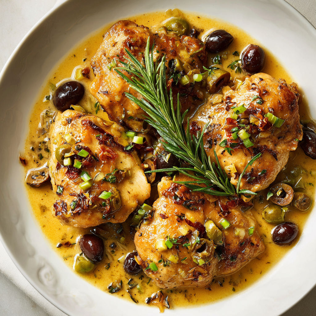 On voit un plat de poulet toscan parsemé d’olives et d’herbes, super appétissant.