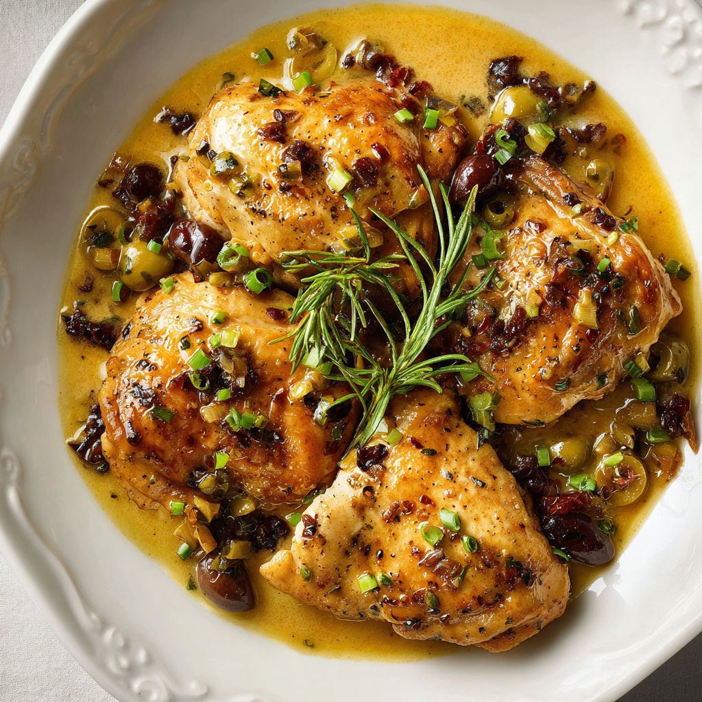 Poulet doré servi avec des herbes fraîches et des légumes méditerranéens.