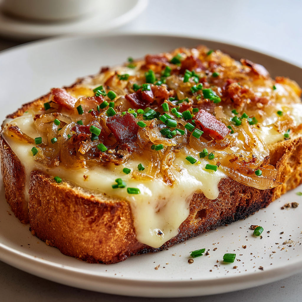 Un toast montagnard gratiné, garni d’oignons fondants et de lardons fumés, posé sur un plateau rustique.