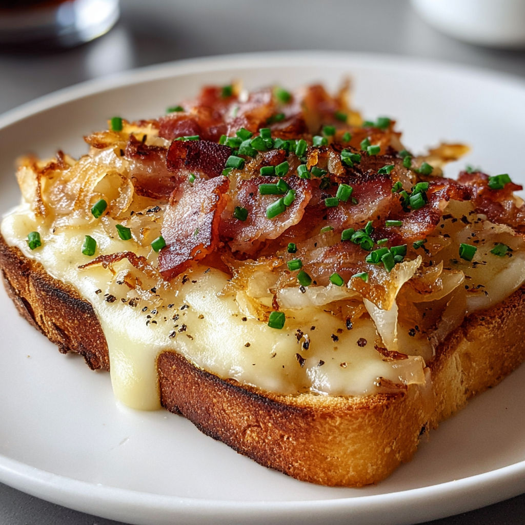 Tartine gratinée façon montagne au fromage à raclette, lardons, herbes fraîches, prête à être dégustée.