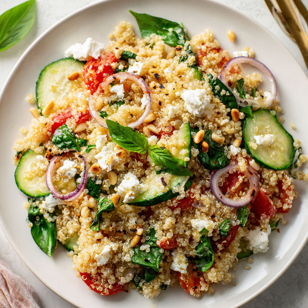 Un grand plateau garni de quinoa, ricotta, épinards et oignons rouges prêts à être dégustés.