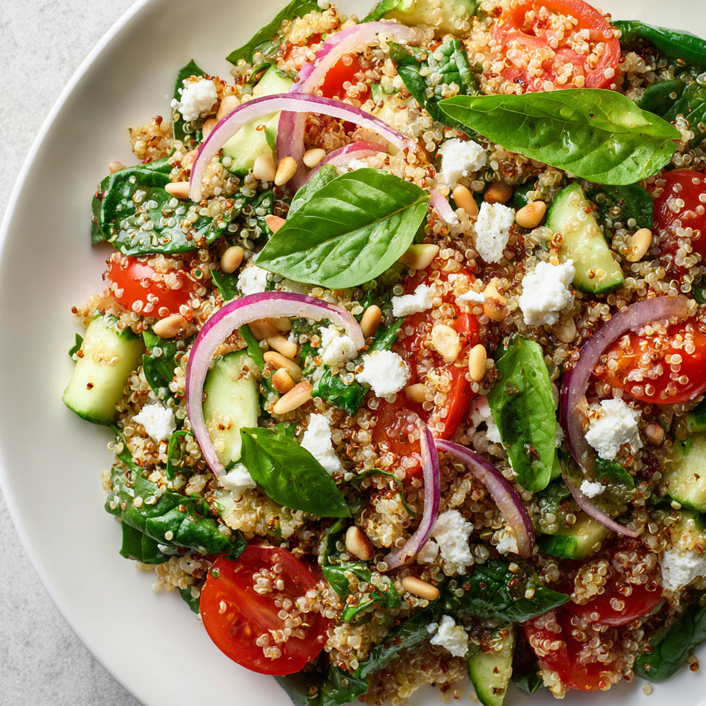 Généreuse salade de quinoa pleine de légumes râpés, tomates, concombre, pommes de terre, quinoa, basilic et noix de cajou.