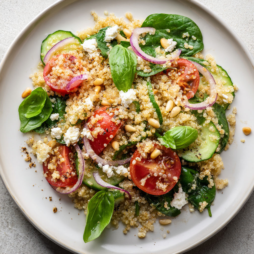 Salade croquante de quinoa, garnie d’épinards et de ricotta onctueuse.