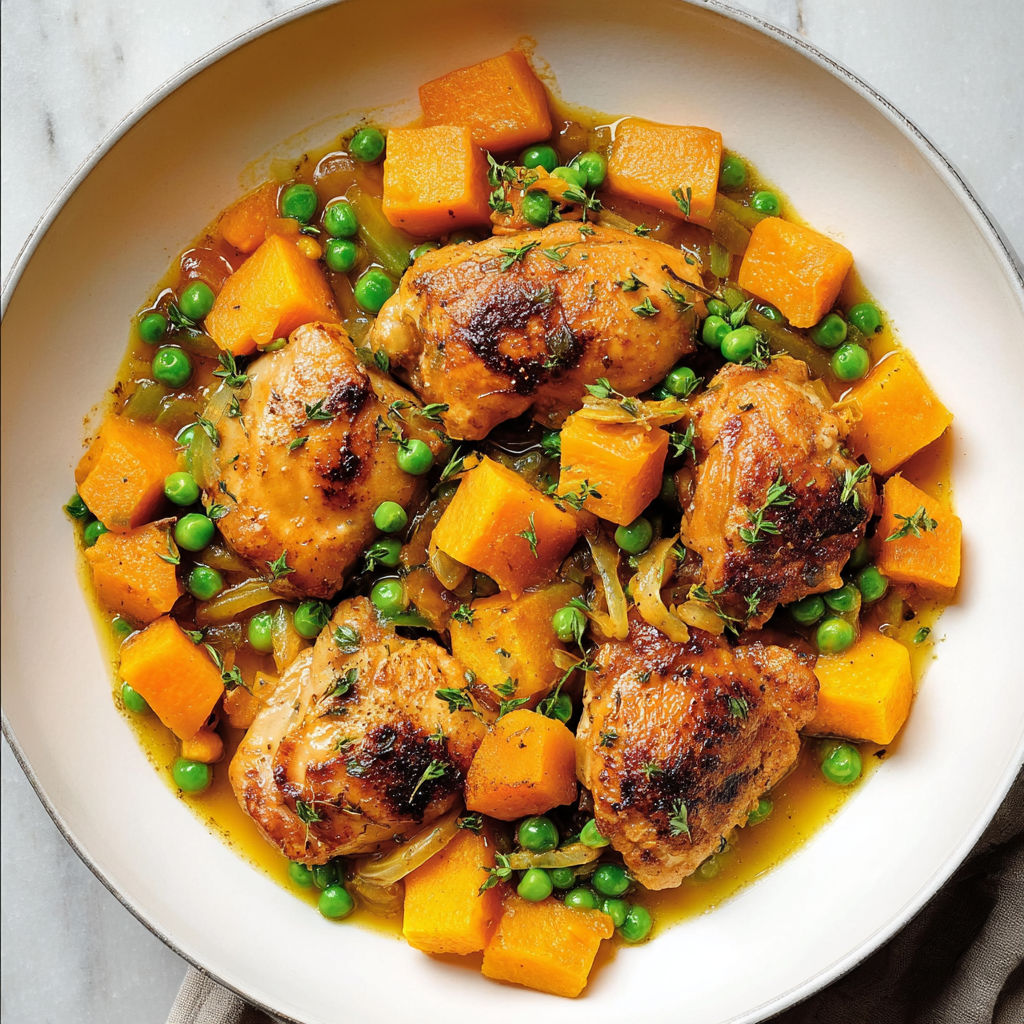 Une belle assiette de morceaux de poulet fondants avec légumes et pommes de terre, le tout accompagné d’un soupçon d’ail doux.