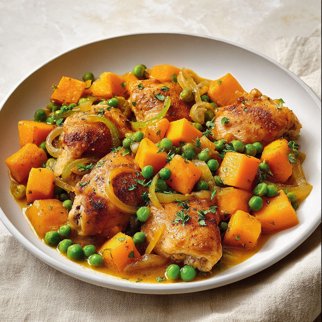 Plat de cuisses de poulet mijotées au cidre, courge et fleur d’ail.