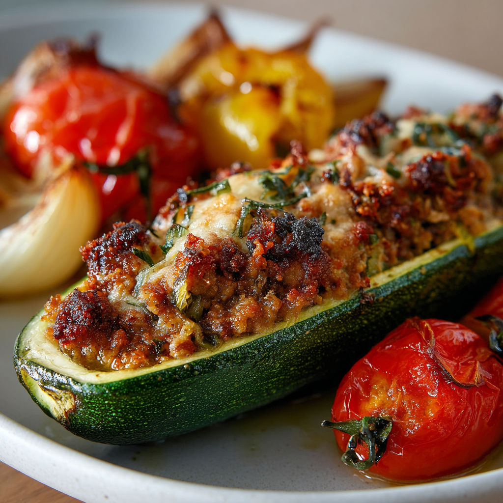 Courgette farcie au veau, parmesan et tomates rôties, avec des légumes dorés.