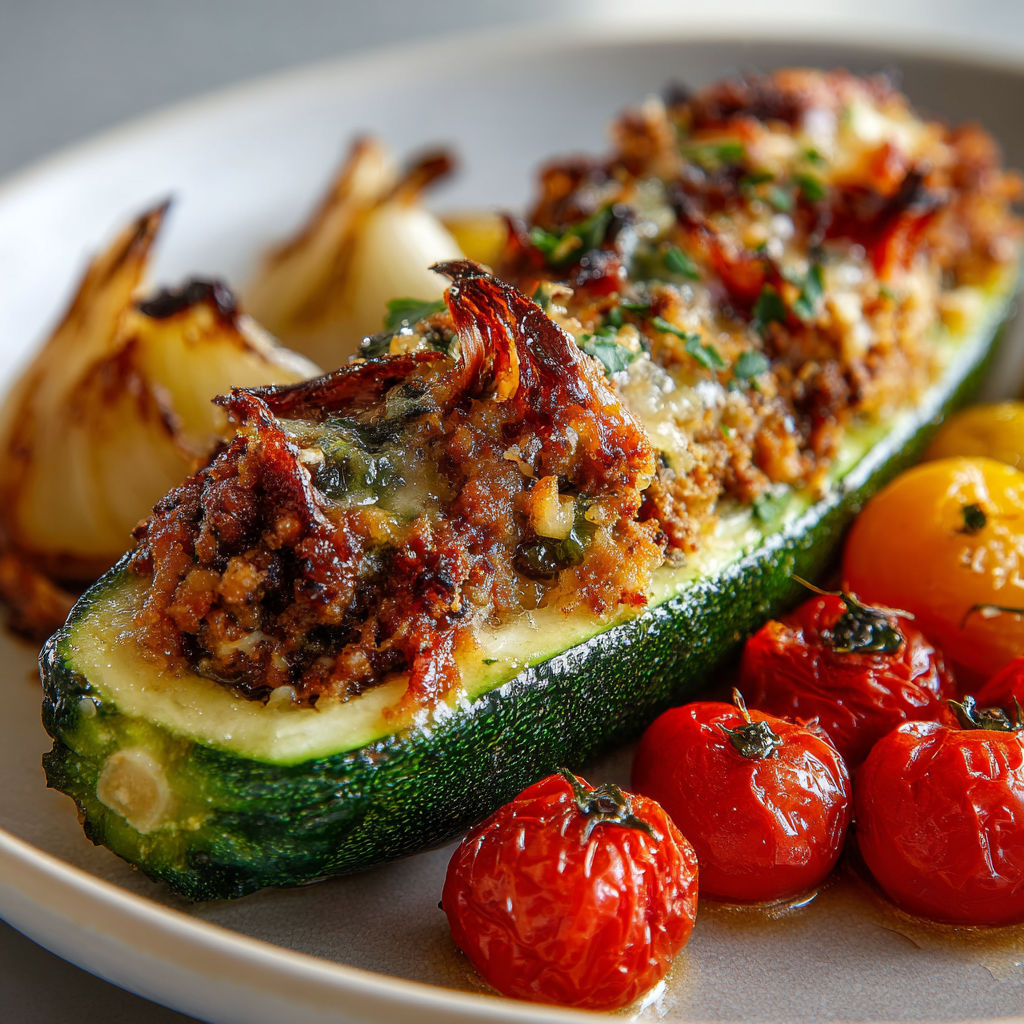Courgette garnie de veau et parmesan, accompagnée de tomates cerises et de légumes verts.