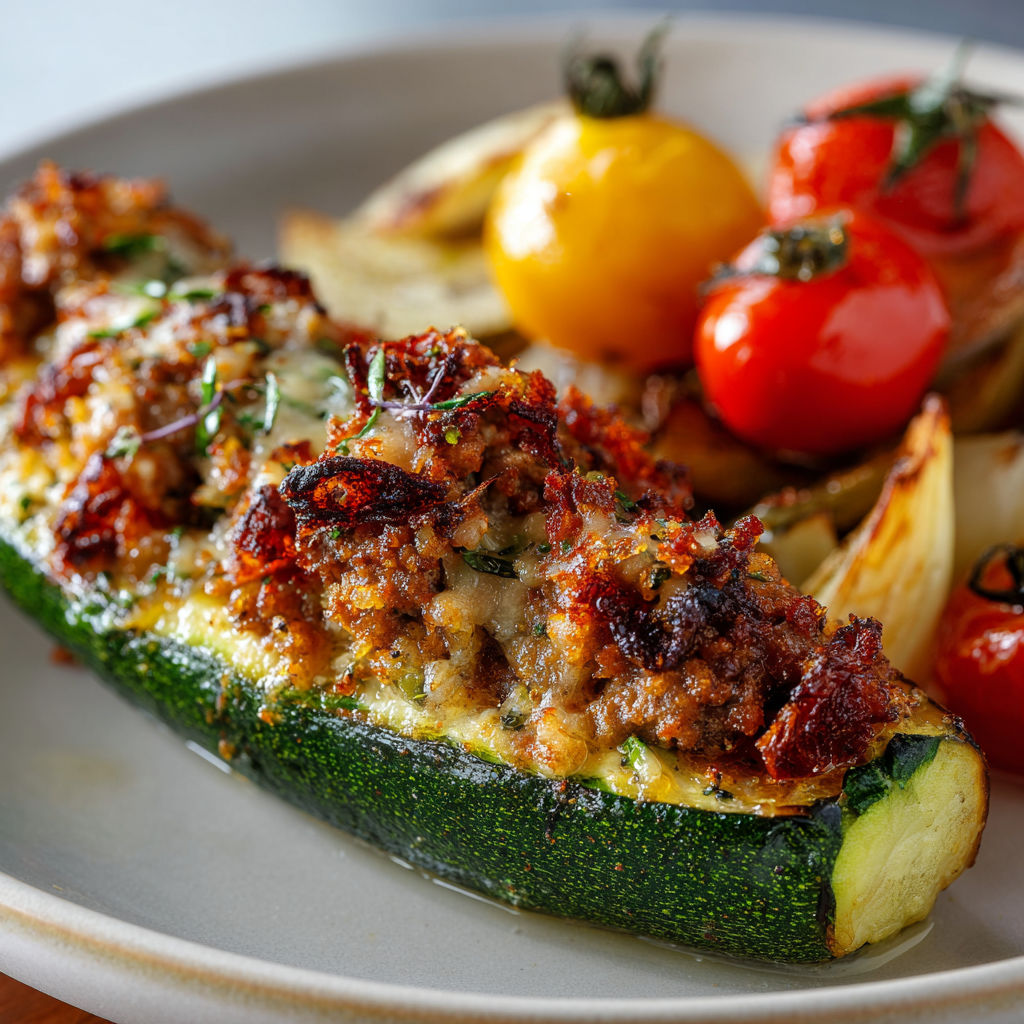 Des légumes grillés variés sur une assiette, avec courgette, tomate, aubergine et sauce au veau moelleux.