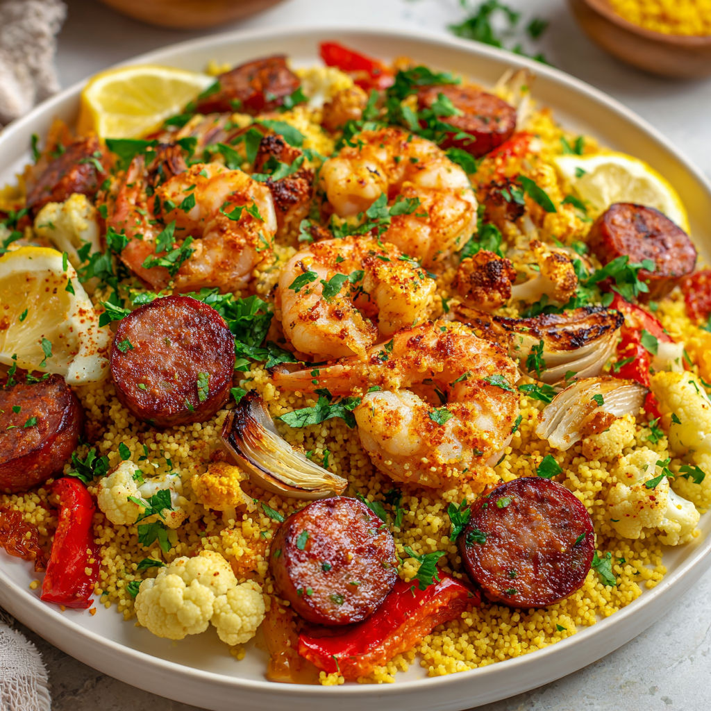 Assiette garnie de crevettes, merguez et légumes rôtis.