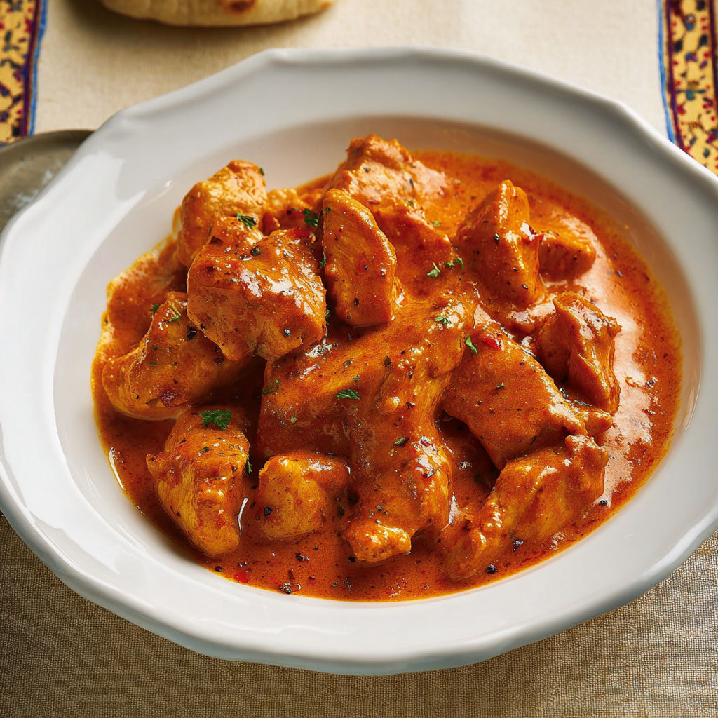 Une belle portion de poulet en sauce tomate dans une assiette sur la table.