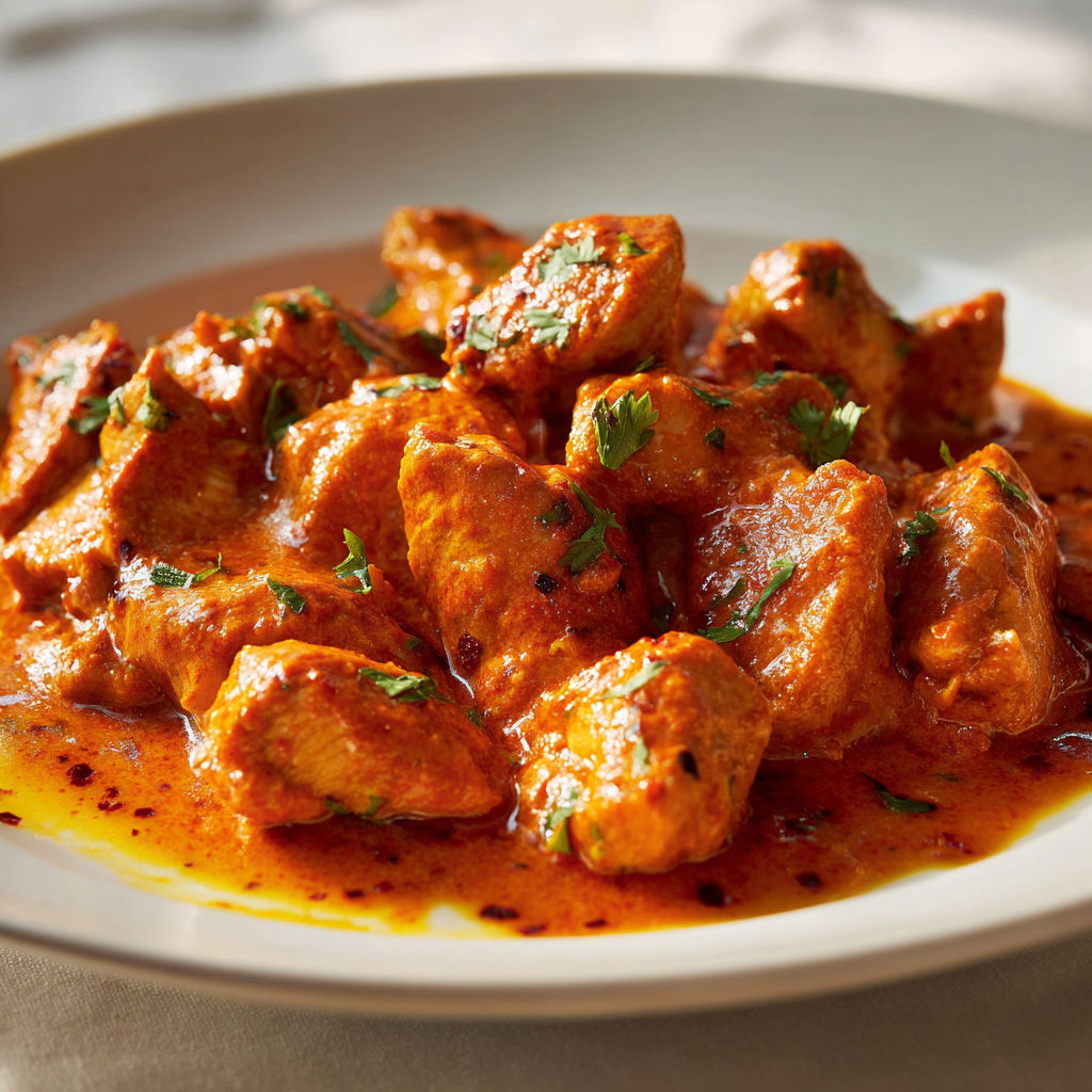 Un plat de curry de poulet présenté sur une grande assiette.