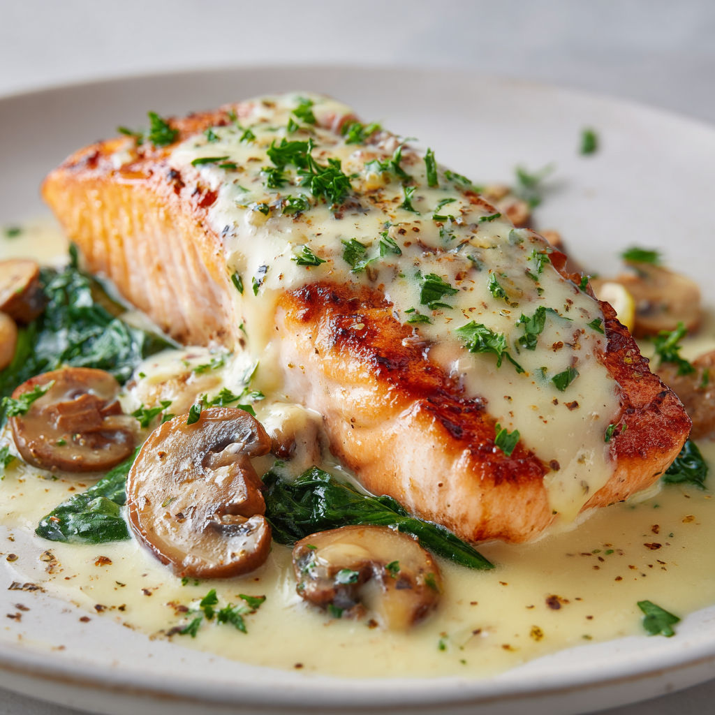 Filets de saumon à l'ail, dans une sauce crémeuse avec épinards et champignons.
